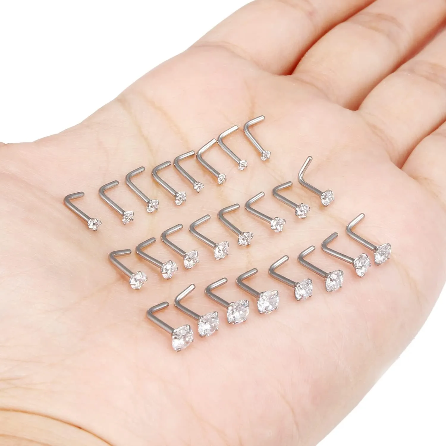 Kridzisw 18G 20G 22G Nose Rings Studs Stainless Steel Cubic Zirconia Nose Nostril Piercing Jewelry for Women Men CZ Size 1.5mm 2mm 2.5mm 3mm 3.5mm 4mm 24Pcs