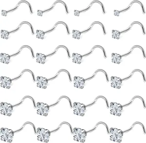 Kridzisw 18G 20G 22G Nose Rings Studs Stainless Steel Cubic Zirconia Nose Nostril Piercing Jewelry for Women Men CZ Size 1.5mm 2mm 2.5mm 3mm 3.5mm 4mm 24Pcs