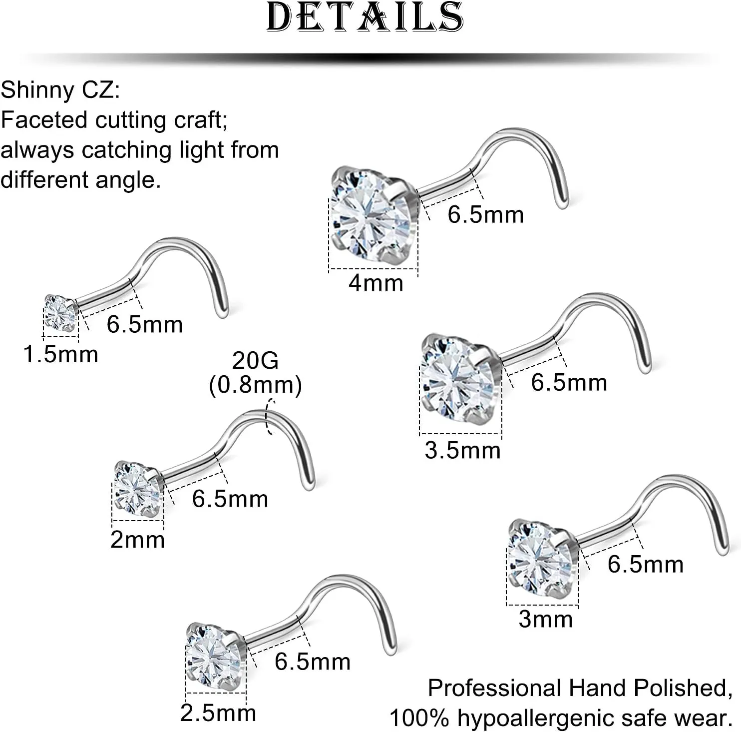 Kridzisw 18G 20G 22G Nose Rings Studs Stainless Steel Cubic Zirconia Nose Nostril Piercing Jewelry for Women Men CZ Size 1.5mm 2mm 2.5mm 3mm 3.5mm 4mm 24Pcs