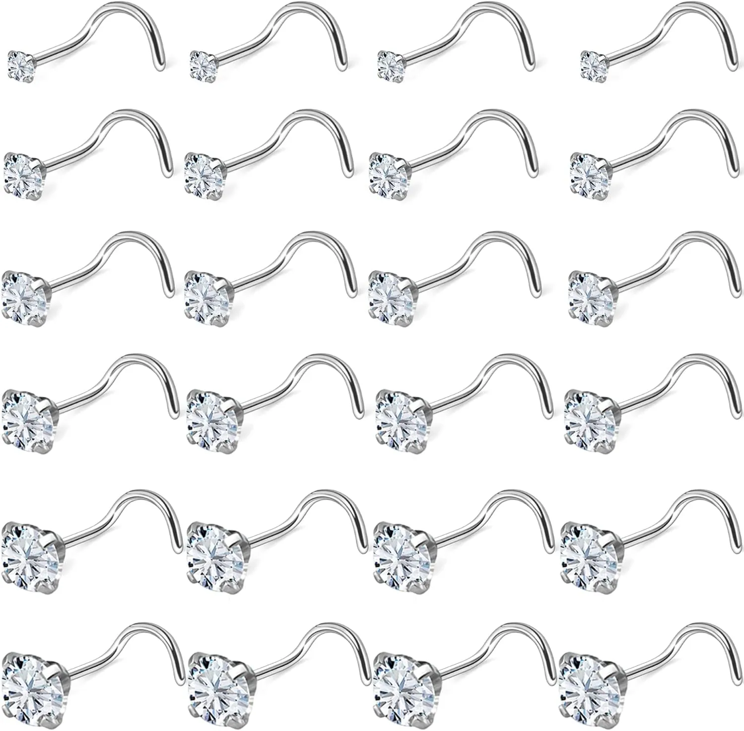 Kridzisw 18G 20G 22G Nose Rings Studs Stainless Steel Cubic Zirconia Nose Nostril Piercing Jewelry for Women Men CZ Size 1.5mm 2mm 2.5mm 3mm 3.5mm 4mm 24Pcs