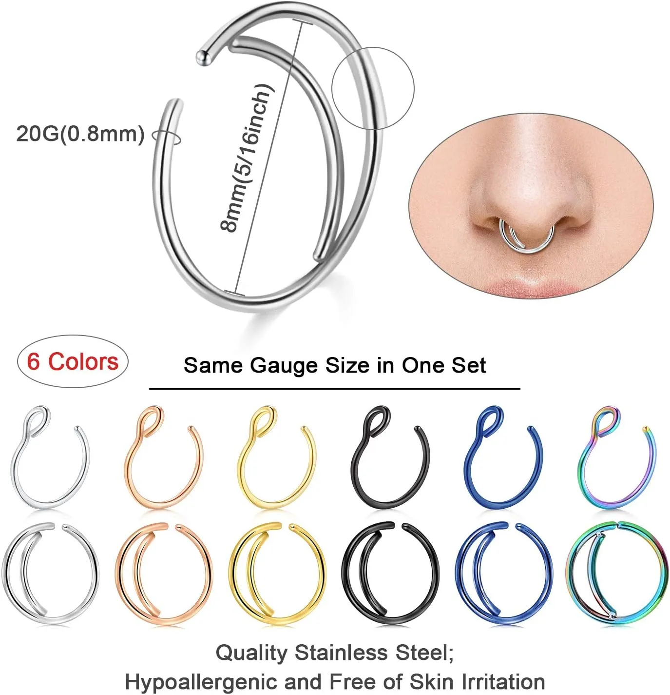 LAURITAMI 20G Nose Rings Hoops Stainless Steel Hoop Nose Ring 6mm 8mm 10mm Nose Hoops Heart Moon Hoop Nose Rings for Women Men Nose Piercing Jewelry Hoop