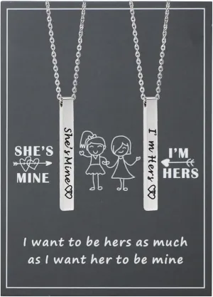 Lesbian Couples Necklace Set I'm Hers She's Mine Bar Necklace with Message Card Wedding Gift for LGBT