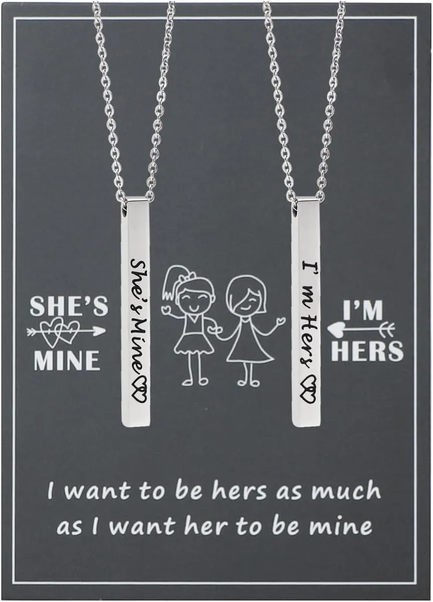Lesbian Couples Necklace Set I'm Hers She's Mine Bar Necklace with Message Card Wedding Gift for LGBT