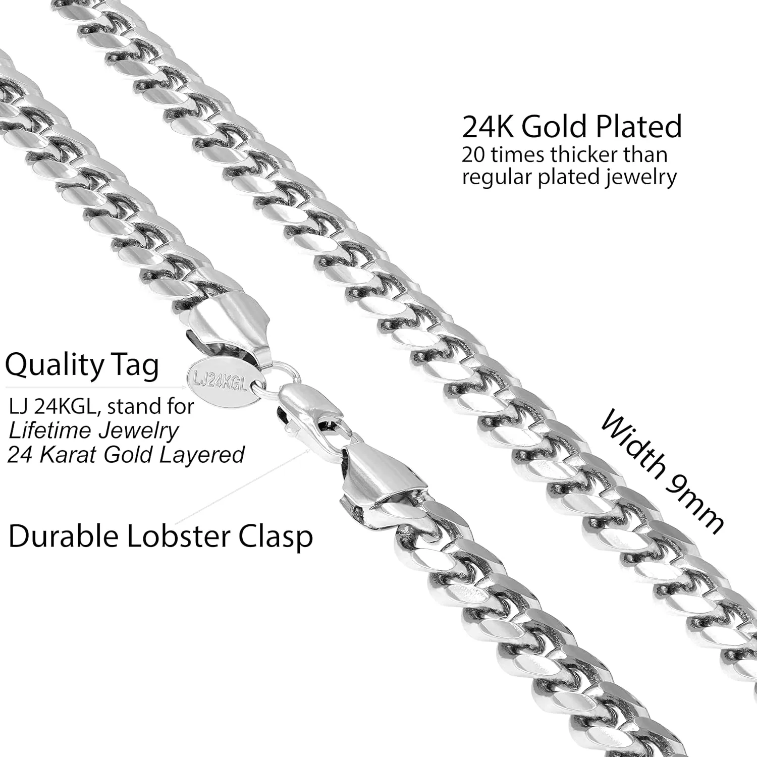 LIFETIME JEWELRY 9mm Miami Curb Cuban Link Chain Necklace 24k Gold Plated
