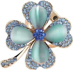 Lucky Four Leaf Clover Brooch Pin Irish Shamrock Rhinestone Cat Eye Scarf Buckle Lapel Pin Suit Bouquet for Women Girls St Patrick's Day Holiday Party Favors Decor Dress Accessories Jewelry Gift