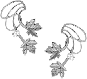 Maple Leaf with CZ Rhodium on Silver Short Wave Ear Cuff Earring Wraps