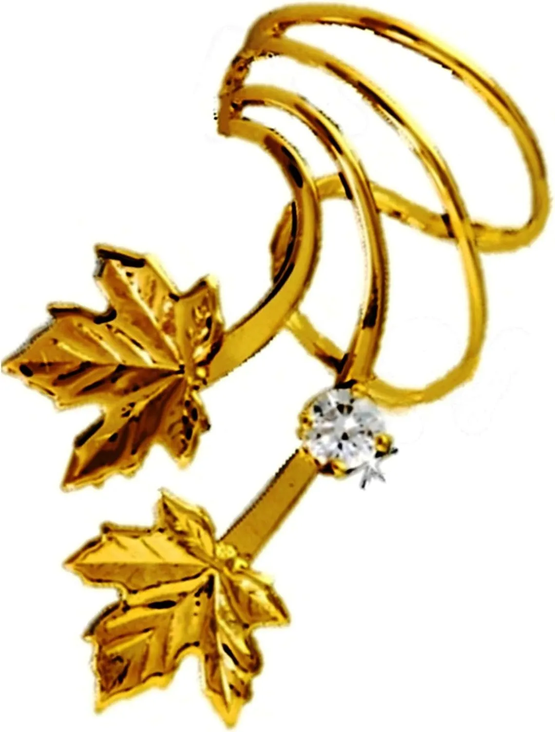 Maple Leaf with CZ Short Wave Ear Cuff Non-pierced Wrap Earring Single Left Gold on Silver Wraps