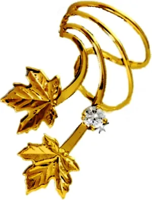 Maple Leaf with CZ Short Wave Ear Cuff Non-pierced Wrap Earring Single Left Gold on Silver Wraps