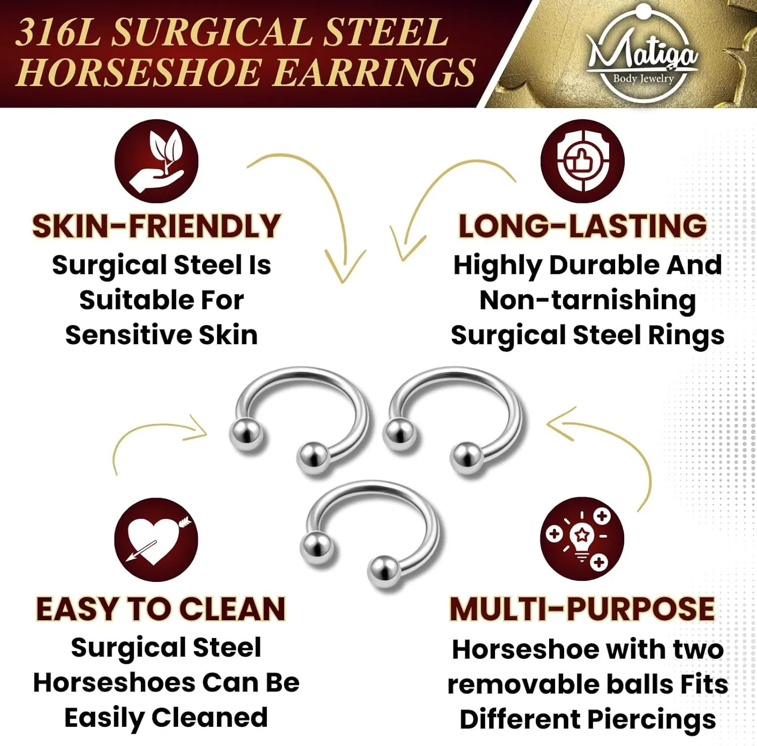 MATIGA 3Pcs Surgical Steel 20g-14g horseshoe earring Piercing Jewelry Cartilage Septum Nose Tragus Eyebrow Daith Helix More Choices