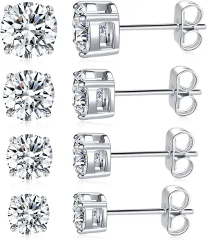 MDFUN Stainless Steel Moissanite Stud Earrings Set 4 Prong Round Synthetic Moissanite Stud Earring Pack of 3/4 Moissanite 3-6mm