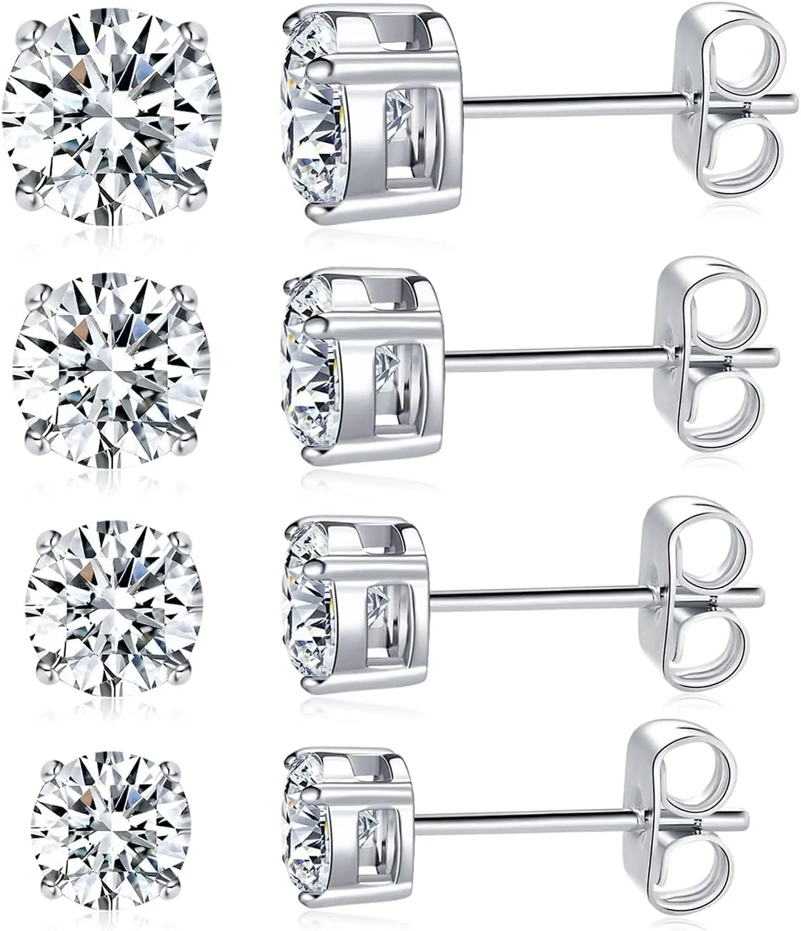 MDFUN Stainless Steel Moissanite Stud Earrings Set 4 Prong Round Synthetic Moissanite Stud Earring Pack of 3/4 Moissanite 3-6mm