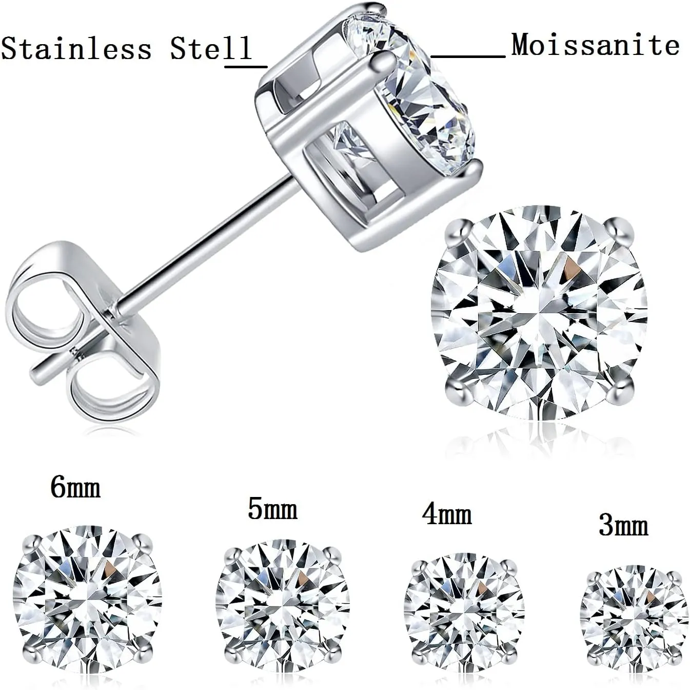 MDFUN Stainless Steel Moissanite Stud Earrings Set 4 Prong Round Synthetic Moissanite Stud Earring Pack of 3/4 Moissanite 3-6mm