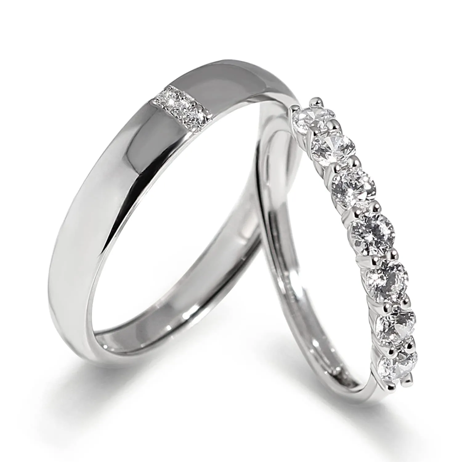 Meissa Couple Rings Sterling Silver Dainty Wedding Bands Men and Women Promise Rings 7 Cubic Zirconia Stones Matching Ring Size Adjustable (Set of Two Rings)