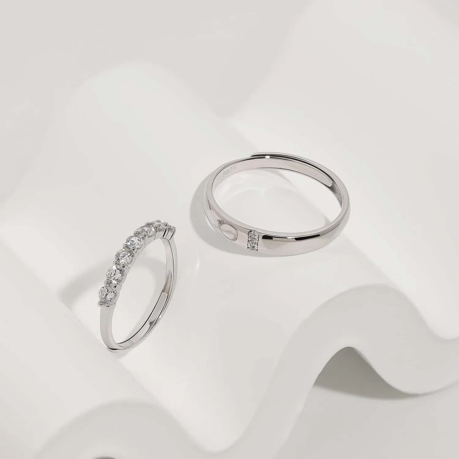 Meissa Couple Rings Sterling Silver Dainty Wedding Bands Men and Women Promise Rings 7 Cubic Zirconia Stones Matching Ring Size Adjustable (Set of Two Rings)