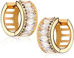 MEVECCO Gold Chunky Wide Huggie Hoop Earrings 18K Gold Plated Dainty Thick Round Ear Cute Small Sleeper Mini Huggie Earring Tiny Minimalist Wide Round CZ Hoop Earrings for Women Everyday Earring
