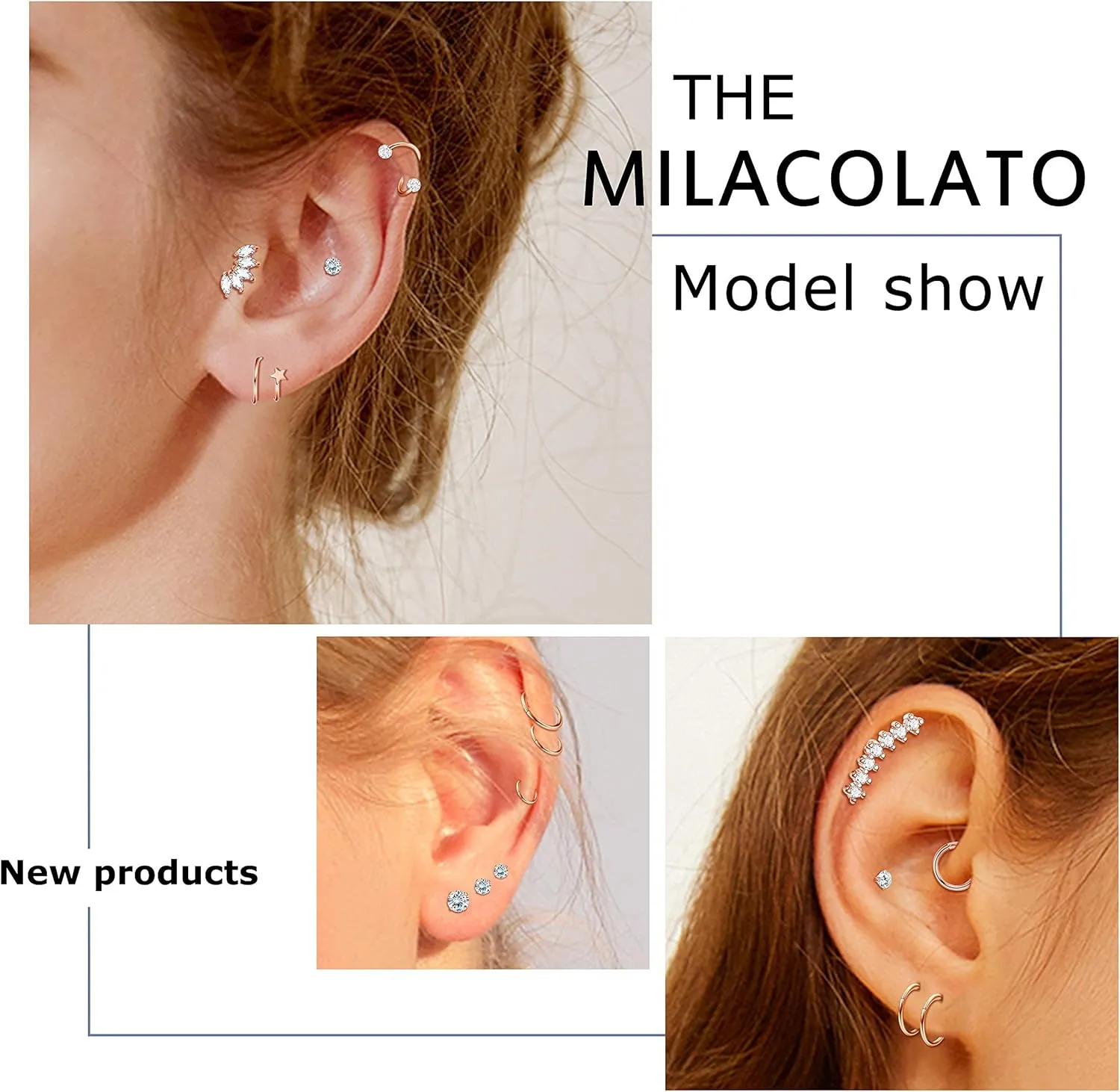 MILACOLATO 11Pcs Cartilage Earrings 16G 18G Stainless Steel Stud Hoops Conch Forward Helix Earrings Tragus Daith Piercing Jewelry for Women