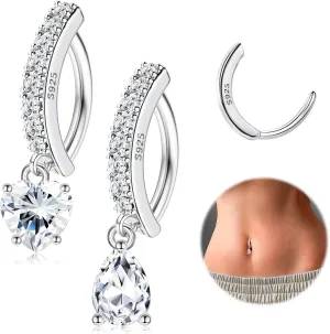 MILACOLATO 2PCS Solid 925 Sterling Silver Belly Button Rings, 14G Clicker Dangle Belly Piercing Jewelry, 5A Cubic Zirconia Teardrop Navel Rings for Women Men