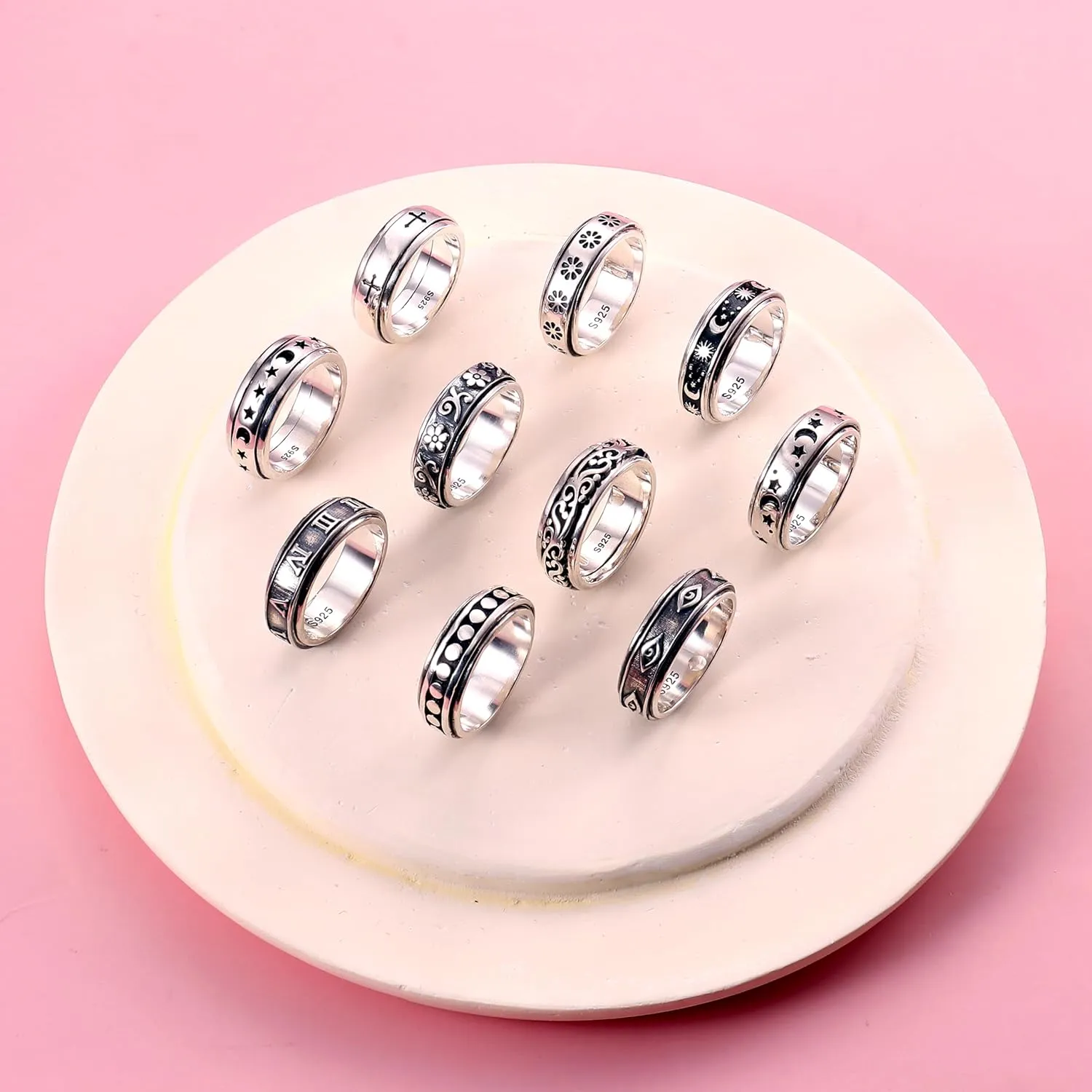 MILACOLATO 925 Sterling Silver Anxiety Ring for Women Men Platinum Plated Sterling Silver Band Fidget Ring Cross Flower Moon Star Spinner Ring Stress Anxiety Relief Item