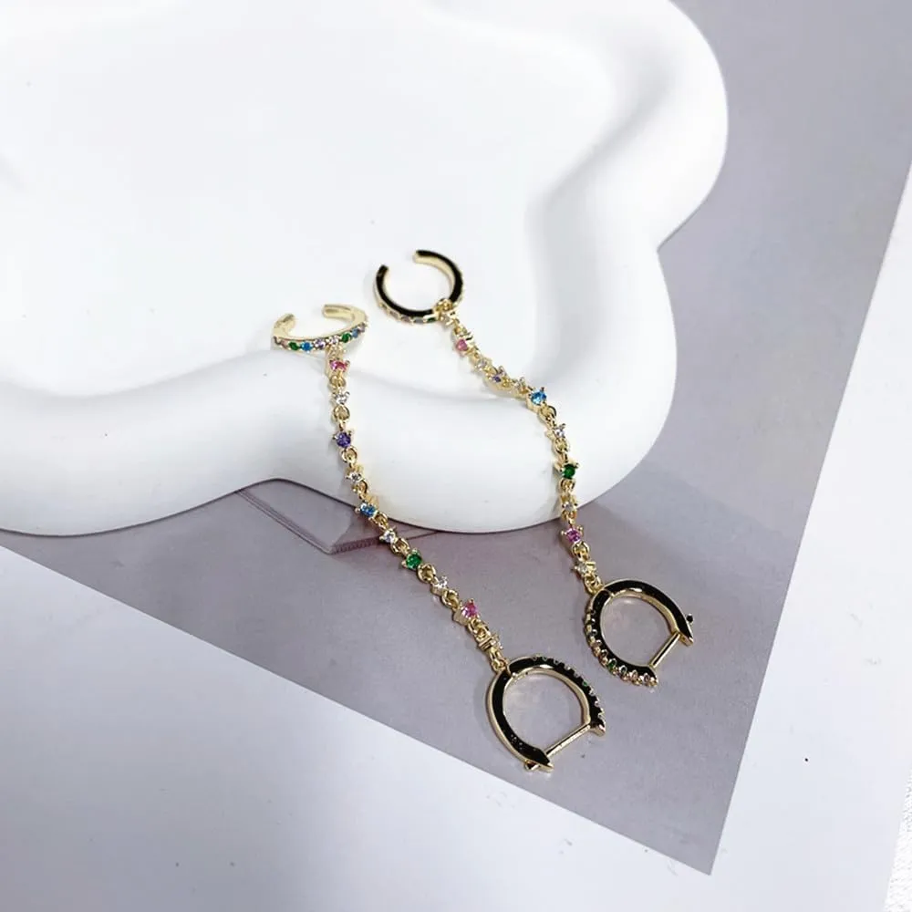 Minimalist Cuff Small Hoop Cubic Zirconia Chain Climber Crawler Earrings for Women Cartilage 925 Sterling Silver Post Hypoallergenic Fashion Threader Crystal Huggie Clip Hoops Gifts Bff Birthday Her