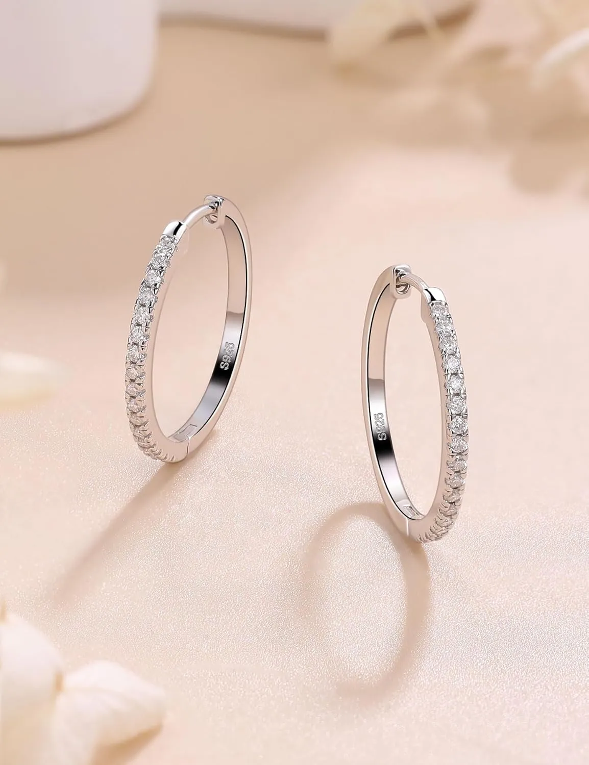 Moissanite Hoop Earrings for Women S925 Sterling Silver Channel Set 18K White Gold Plated Hypoallergenic Large Thick Huggie Loops Lightweight Moissanite Earrings 15-30mm