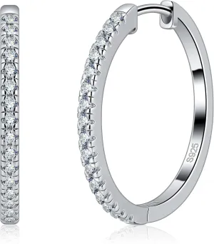 Moissanite Hoop Earrings for Women S925 Sterling Silver Channel Set 18K White Gold Plated Hypoallergenic Large Thick Huggie Loops Lightweight Moissanite Earrings 15-30mm