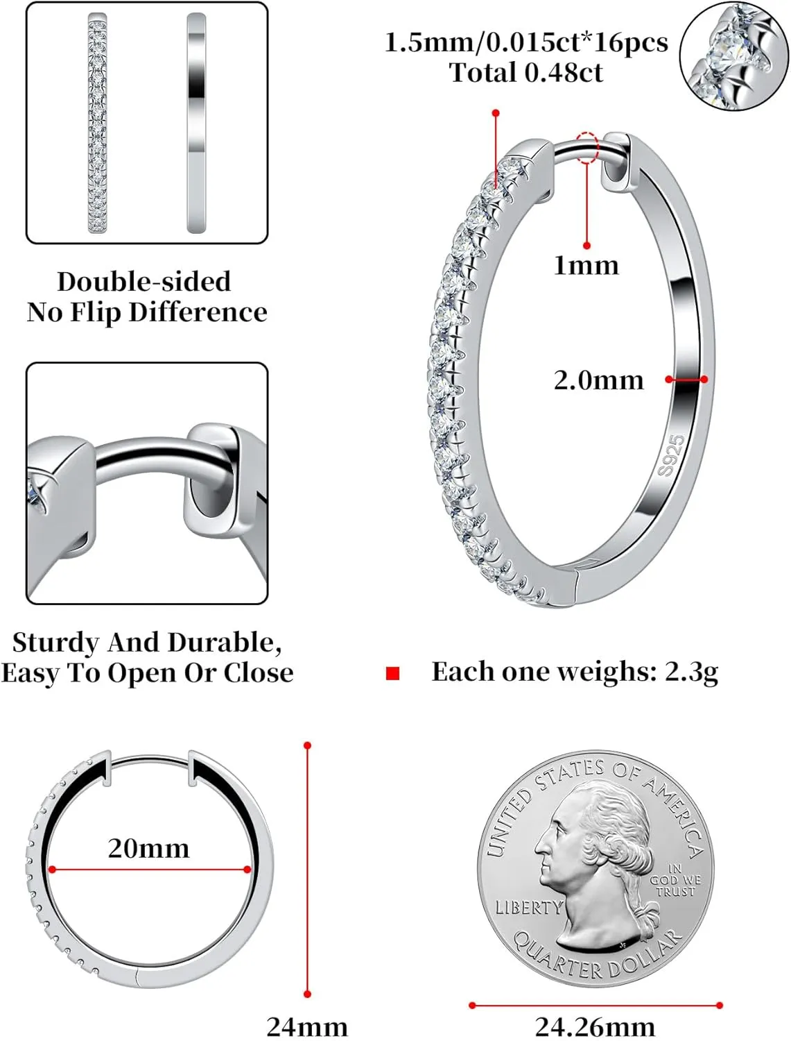 Moissanite Hoop Earrings for Women S925 Sterling Silver Channel Set 18K White Gold Plated Hypoallergenic Large Thick Huggie Loops Lightweight Moissanite Earrings 15-30mm