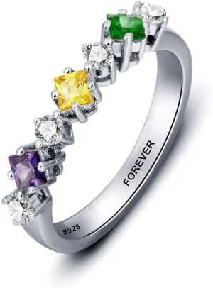 Mother Rings for Mom Couple Promise Rings for Her Personalized with 3 Simulated Birthstone Engagement Name Rings for Women (Silver, 7)