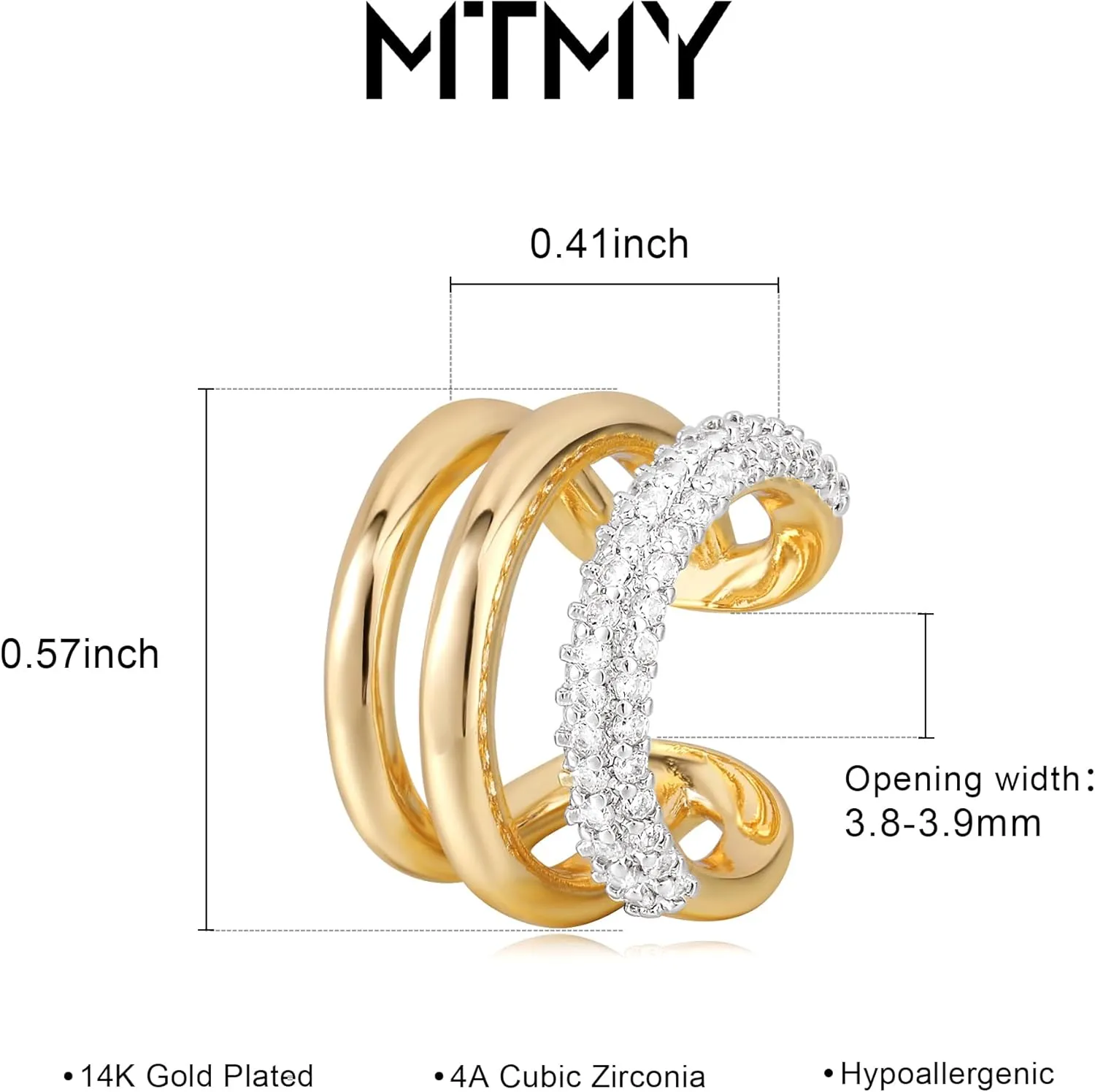 MTMY Gold Ear Cuff Earring for Women 14K Gold Plated Cubic Zirconia Non-Pierced Clip on Cartilage Chunky Ear Cuffs Hypoallergenic Jewelry