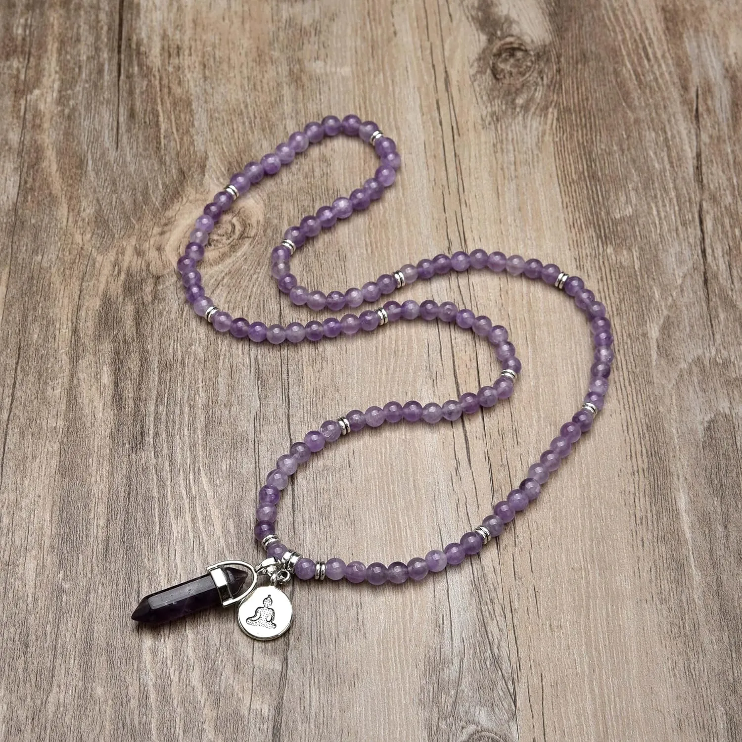 Natural 108 Mala Beads Bracelet Mindfulness Necklace with Yoga Buddha Zen Charm and Reiki Quartz Hexagonal Prism Pendant