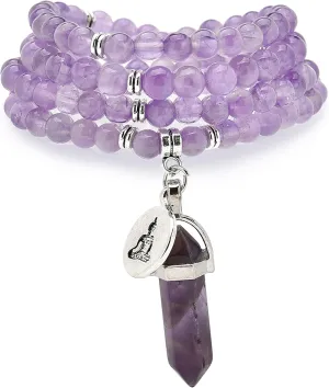 Natural 108 Mala Beads Bracelet Mindfulness Necklace with Yoga Buddha Zen Charm and Reiki Quartz Hexagonal Prism Pendant