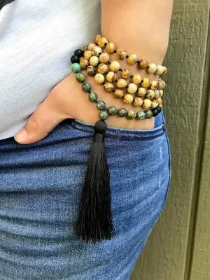 Natural african turquoise and picture jasper 8mm 108 Mala Beads, Spiritual, Meditation Beads, Reiki, Japa Mala, Buddhist Prayer Beads, Yoga Bracelet, healing beads LKMALA-RRGU-1376
