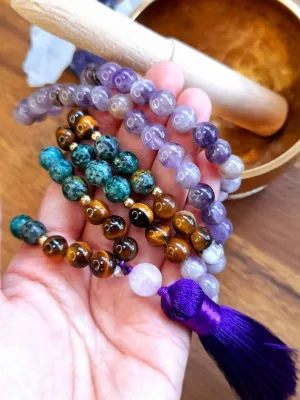 Natural Amethyst African Turquoise and Tiger eye 8mm 108 Mala Beads, Spiritual, Meditation Beads, Reiki, Japa Mala, Buddhist Prayer Beads, Yoga Bracelet, healing beads LKMALA-RRGU-3710