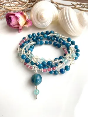 Natural apatite blue and lime quartz,tourmaline pink 6mm,4mm 108 Mala Beads, Spiritual, Meditation Beads, Reiki, Japa Mala, Buddhist Prayer Beads, Yoga Bracelet, healing beads LKMALA-RRGU-3487