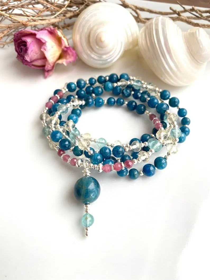 Natural apatite blue and lime quartz,tourmaline pink 6mm,4mm 108 Mala Beads, Spiritual, Meditation Beads, Reiki, Japa Mala, Buddhist Prayer Beads, Yoga Bracelet, healing beads LKMALA-RRGU-3487