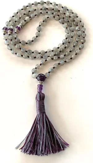 Natural Labradorite and Amethyst 8mm 108 Mala Beads, Spiritual, Meditation Beads, Reiki, Japa Mala, Buddhist Prayer Beads, Yoga Bracelet, healing beads LKMALA-RRGU-1642