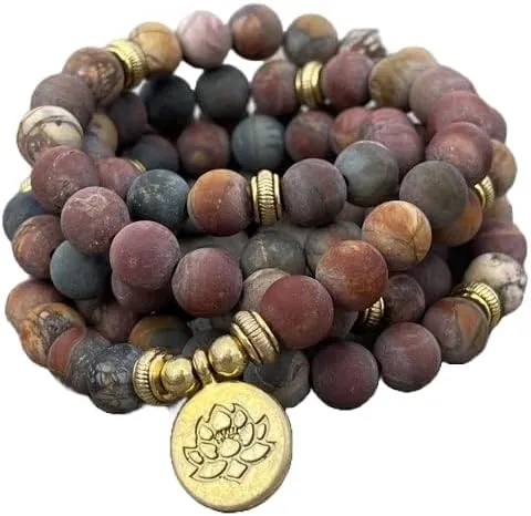 Natural Matte Picture Jasper 8mm 108 Mala Beads, Spiritual, Meditation Beads, Reiki, Japa Mala, Buddhist Prayer Beads, Yoga Bracelet, healing beads LKMALA-RRGU-35, 34 inch