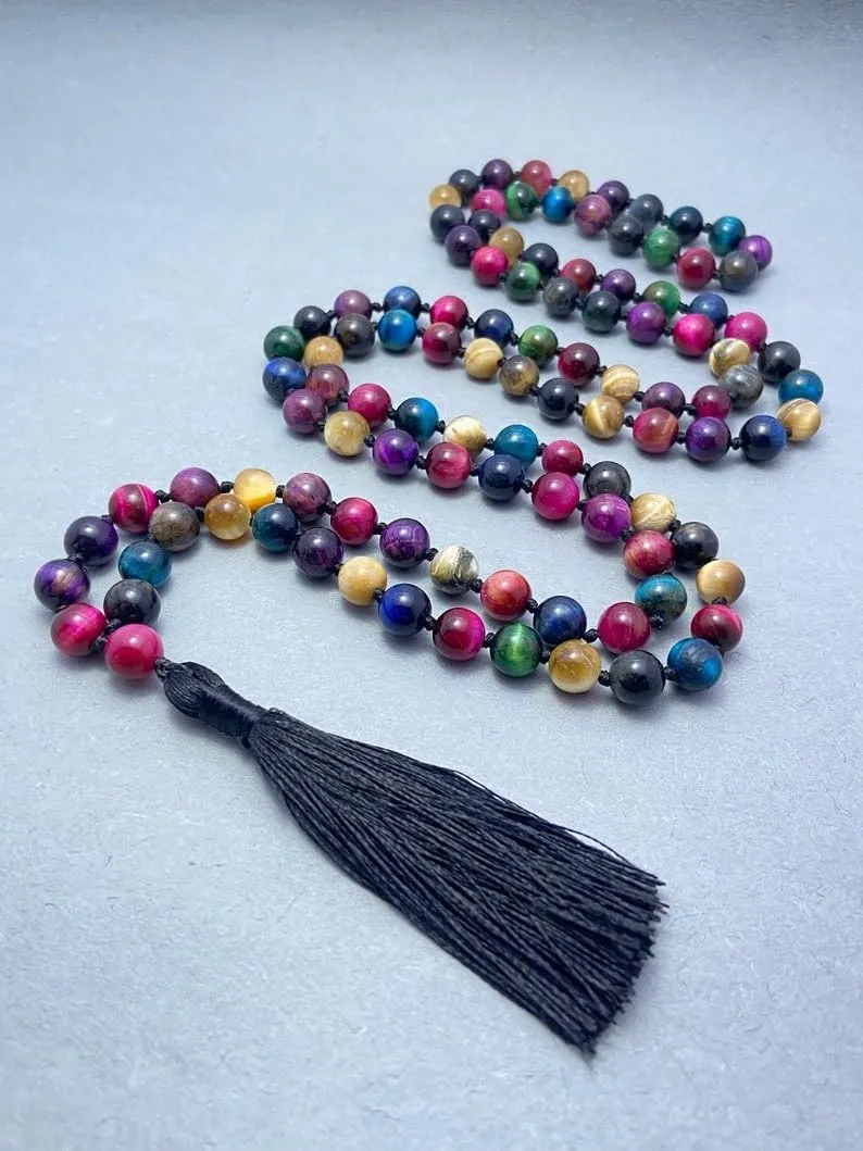 Natural Multi Tiger's Eye 8mm 108 Mala Beads, Spiritual, Meditation Beads, Reiki, Japa Mala, Buddhist Prayer Beads, Yoga Bracelet, healing beads LKMALA-RRGU-3681