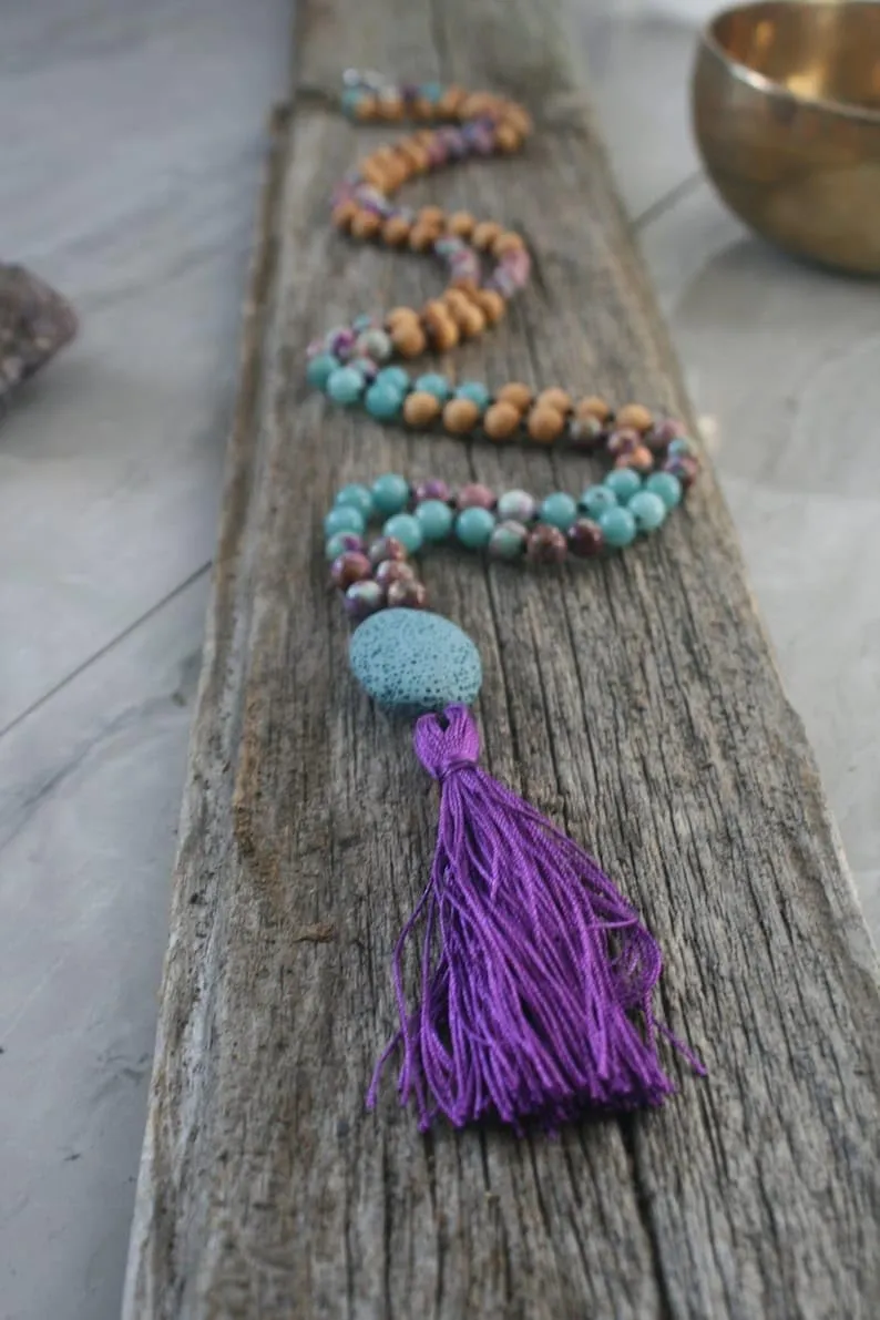 Natural Purple Green Emperor Jasper,Amazonite ,Sandalwood 8mm 108 Mala Beads, Spiritual, Meditation Beads, Reiki, Japa Mala, Buddhist Prayer Beads, Yoga Bracelet, healing beads LKMALA-RRGU-1121