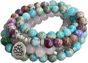 Natural Rose Quartz, Amazonite and Jasper 8mm 108 Mala Beads, Spiritual, Meditation Beads, Reiki, Japa Mala, Buddhist Prayer Beads, Yoga Bracelet, healing beads LKMALA-RRGU-4
