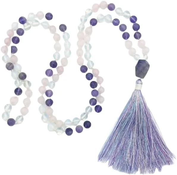 Natural Rose Quartz, Opalite, and Amethyst 8mm 108 Mala Beads, Spiritual, Meditation Beads, Reiki, Japa Mala, Buddhist Prayer Beads, Yoga Bracelet, healing beads LKMALA-RRGU-2643, 34 inch