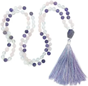 Natural Rose Quartz, Opalite, and Amethyst 8mm 108 Mala Beads, Spiritual, Meditation Beads, Reiki, Japa Mala, Buddhist Prayer Beads, Yoga Bracelet, healing beads LKMALA-RRGU-2643, 34 inch