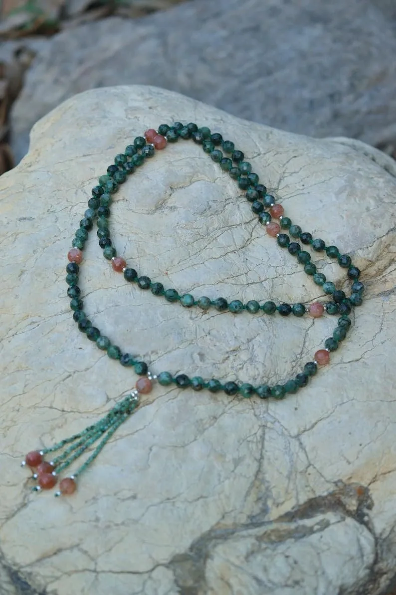 Natural Sunstone and Emerald 6mm 108 Mala Beads, Spiritual, Meditation Beads, Reiki, Japa Mala, Buddhist Prayer Beads, Yoga Bracelet, healing beads LKMALA-RRGU-2894