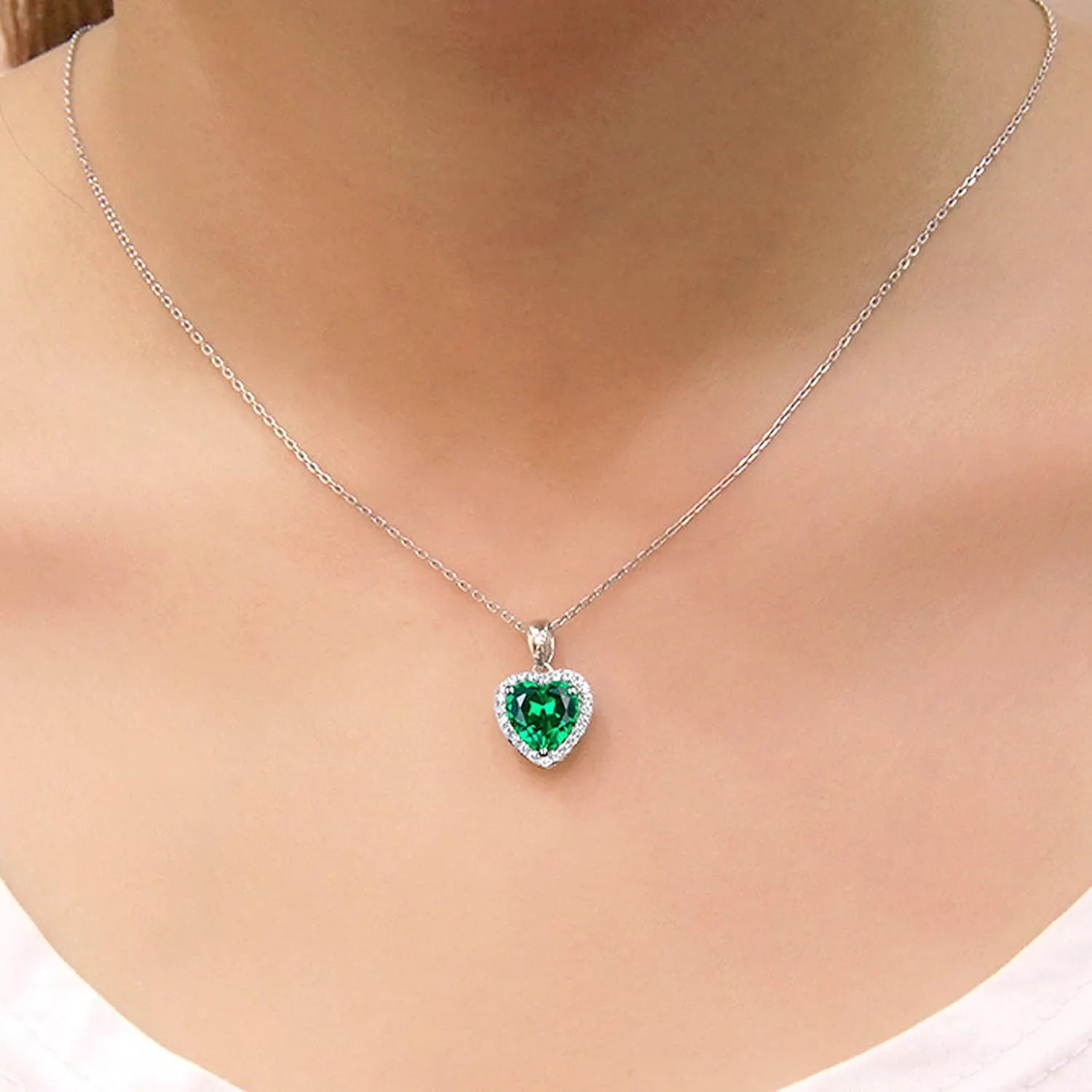 Navachi 925 Sterling Silver 18k White Gold Plated 3.7ct Heart Ruby or Emerald Necklace Pendant 16"