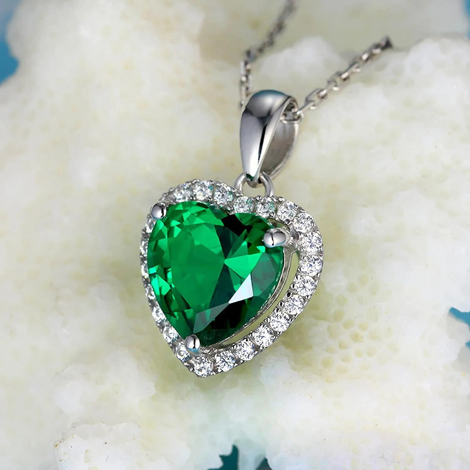 Navachi 925 Sterling Silver 18k White Gold Plated 3.7ct Heart Ruby or Emerald Necklace Pendant 16"