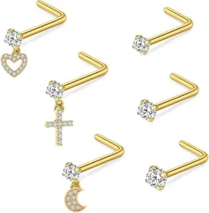 Nose Studs L Shaped 925 Sterling Silver 6-piece Set Nose Rings Cross Love Moon Flower Heart Nose Bar Piercing Stainless Steel CZ Jewelry AAA round zircon nose ring set