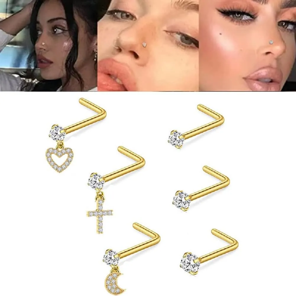 Nose Studs L Shaped 925 Sterling Silver 6-piece Set Nose Rings Cross Love Moon Flower Heart Nose Bar Piercing Stainless Steel CZ Jewelry AAA round zircon nose ring set