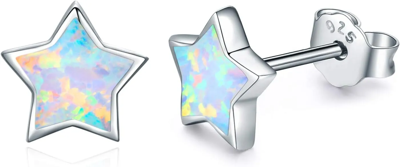 Opal Star Earrings Star Studs 925 Sterling Silver Synthetic Opal Earrings Hypoallergenic Earring Jewelry for Women Mom