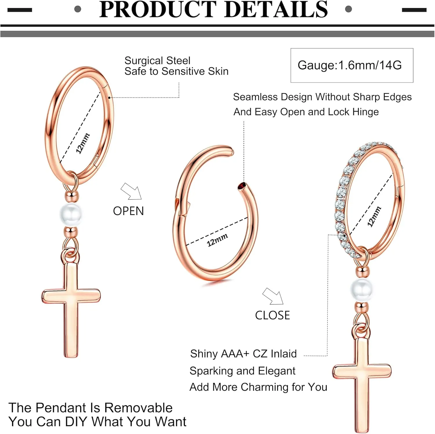 Orazio 14G Belly Button Hoop Rings - Surgical Steel Clicker, Hinged, Dangling Navel Rings in Gold & Silver Tone, 10mm & 12mm