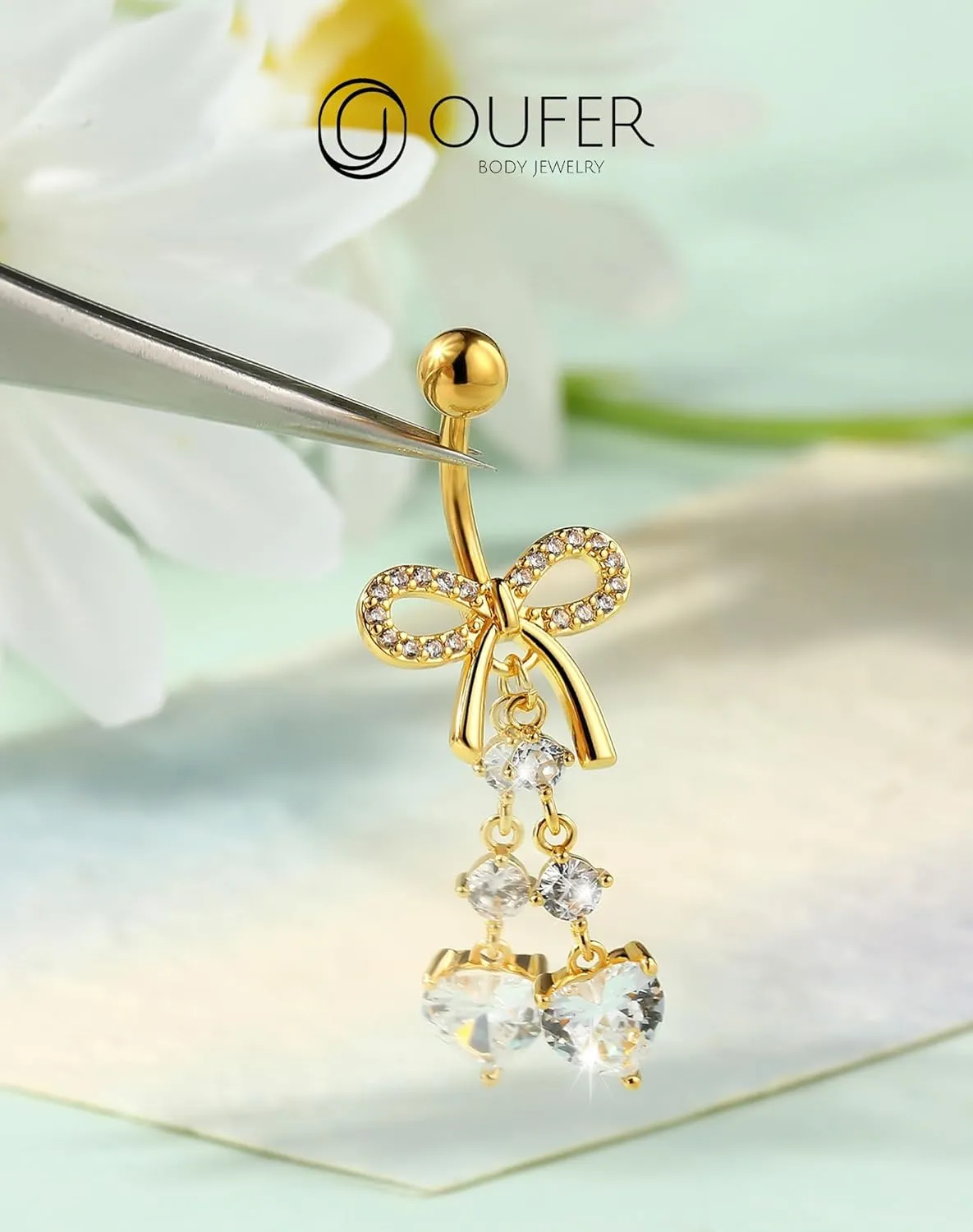 OUFER 5PCS Belly Button Rings, Cute Bow Flower Heart Dangle Navel Belly Piercing Jewelry, Clicker Navel Rings for Women Men, 14G Surgical Steel Dainty Dangly Dangling Body Piercing Jewelry