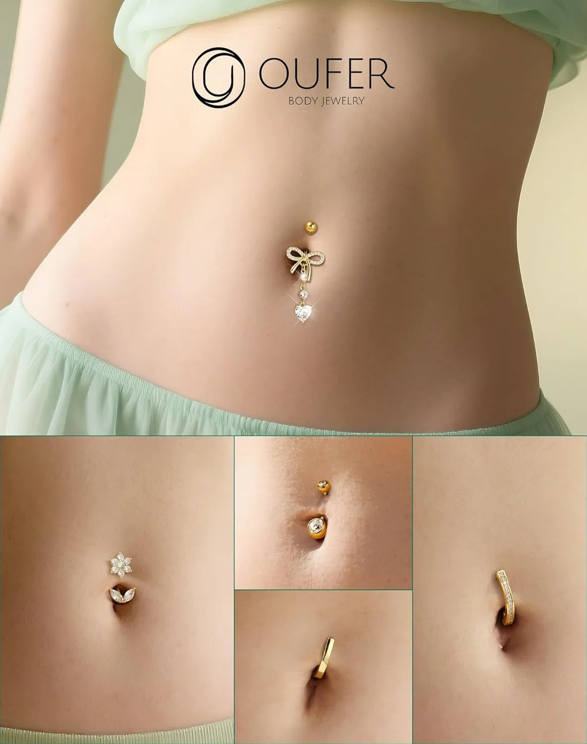 OUFER 5PCS Belly Button Rings, Cute Bow Flower Heart Dangle Navel Belly Piercing Jewelry, Clicker Navel Rings for Women Men, 14G Surgical Steel Dainty Dangly Dangling Body Piercing Jewelry